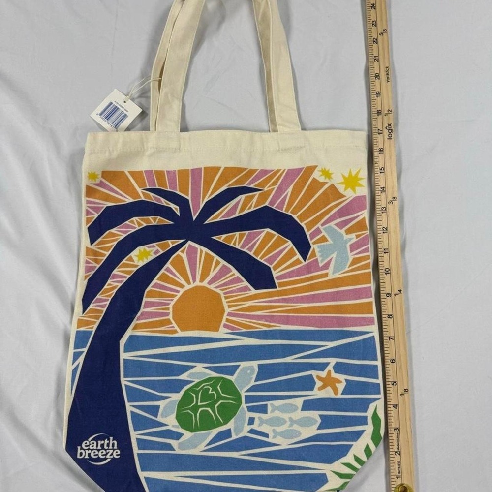 Earth Breeze Tropical Canvas Tote Bag Beach Sea Turtle Palm Tree Cream Multi